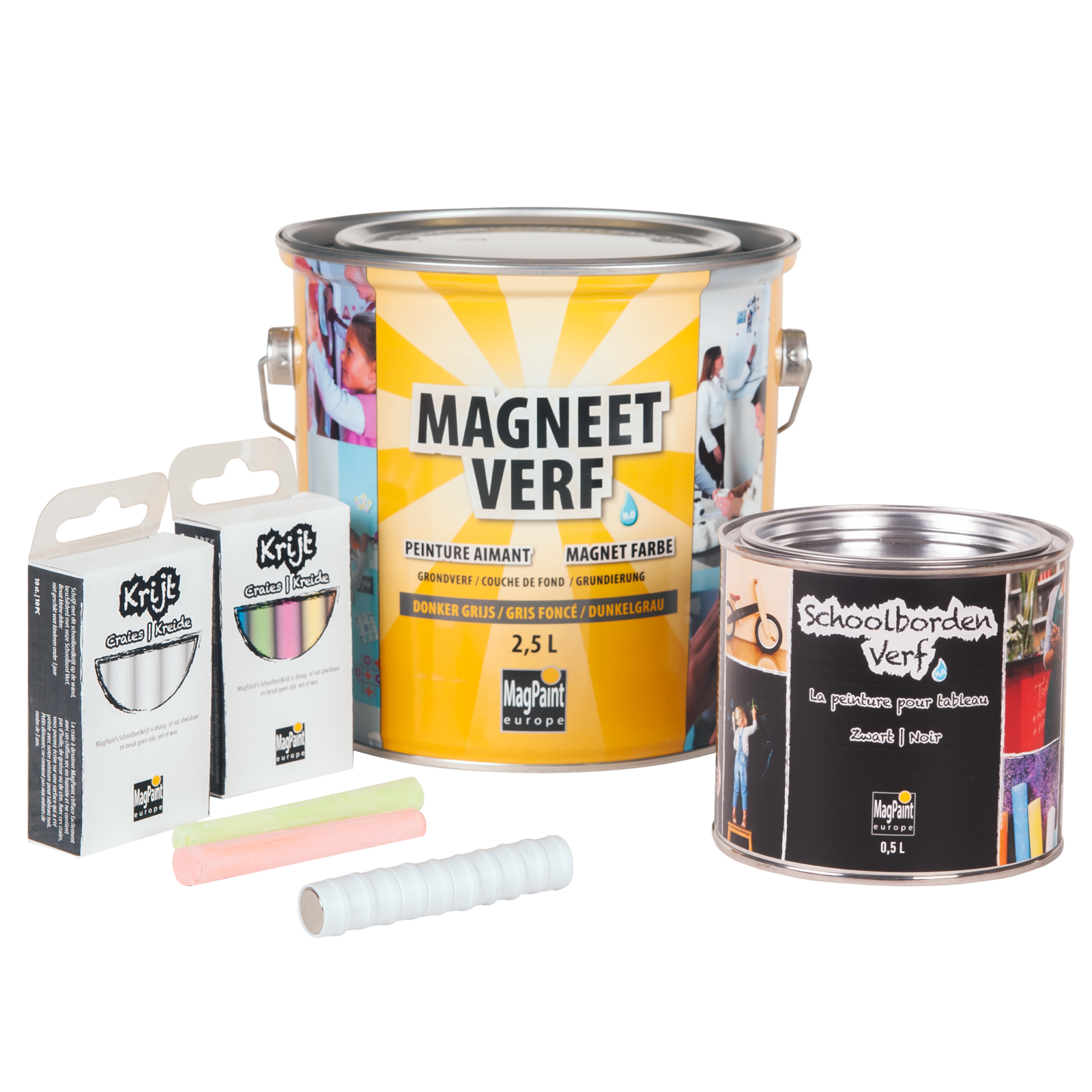 Baby Previs site Stapel Set: Magneetverf 2,5L, Schoolbordverf zwart 0,5L, krijt & magneten -  Magneetverf